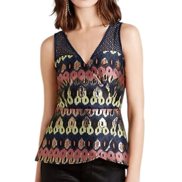 HD in Paris Anthropologie Yana Jacquard Peplum Top Blouse Size 4 Boho Chic - Picture 1 of 8